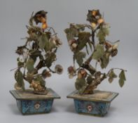 A pair of Chinese jade and hardstone 'bonsai' trees in cloisonne jardinieres (a.f.), H 33cm approx