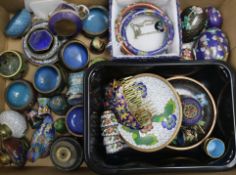 A collection of miniature cloisonne items and jewellery, including a 'duck' box, various eggs,