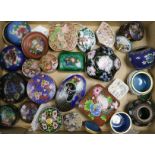 A collection of small decorative cloisonne boxes and covers, including a tapered pot and cover