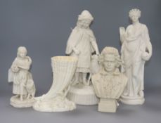 A Royal Worcester Belleek-style cornucopia vase and three items of parian ware, including a Robinson