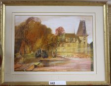 Ernest Greenwood, mixed media on paper, view of a chateau, signed and dated '78, 26 x 36cm