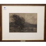 Frank Mura (1861-1913), charcoal drawing, river scene, signed with labels verso, 26 x 37cm