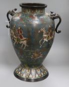 A Chinese large Archaic style champleve enamelled vase, of inverted pyriform, with short cylindrical