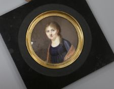 A 19th century French oil on ivory miniature of a lady, 6.5cm, later framed