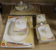 A Clarice Cliff Biarritz Capri pattern tureen and meat platter longest 44.5cm