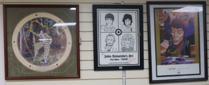 Pop and Rock Memorabilia, three framed posters, including 'John Entwhistle's Art/The Who - '2000',