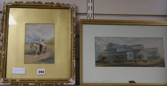 W. Coleman, watercolour, Mother and child with a donkey, signed17 x 12cm, and two Baxter prints of