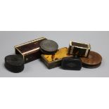 A group of 19th century horn, wood and papier mache snuff boxes and a tortoiseshell cigar case