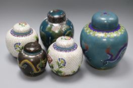 A cloisonne ginger jar decorated with hydrangea and four other Chinese and Japanese ginger jars,