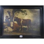 19th century Dutch School, oil on panel, farmer, cattle and sheep in a landscape, 33 x 47cm