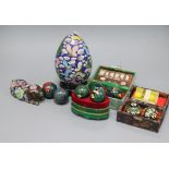 A Chinese cloisonne pig, four pairs of Baoding balls and a Japanese cloisonne egg on stand, the