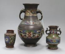 A Chinese Archaic style champleve vase and two other items, the vase of baluster form with phoenix