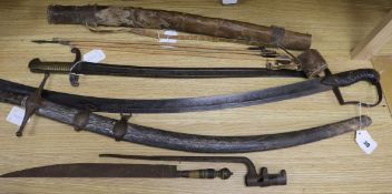 A Scimitar, a 1796 pattern sabre, bayonets, etc