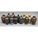 Four pairs of small cloisonne vases and four other vases, chiefly of ovoid form, including a lobed