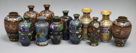 Four pairs of small cloisonne vases and four other vases, chiefly of ovoid form, including a lobed