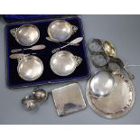 A set of four silver quaich-style butter dishes and knives, cased and sundry small silver, including