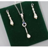 A modern suite of 9ct white gold, sapphire, diamond and cultured pearl jewellery, comprising