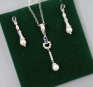 A modern suite of 9ct white gold, sapphire, diamond and cultured pearl jewellery, comprising