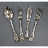 A Victorian fiddle, shell and thread pattern silver serving spoon and fork and a silver Kings