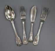 A Victorian fiddle, shell and thread pattern silver serving spoon and fork and a silver Kings