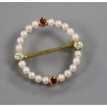 An 18ct yellow gold, pearl, ruby and diamond-set target brooch, 25mm.