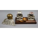 A Meerschaum pipe, a triangular cut glass inkwell and a desk stand fitted two cut glass inkwells