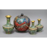 A cloisonne bowl and cover, a baluster vase and a pair of smaller baluster vases, the bowl of
