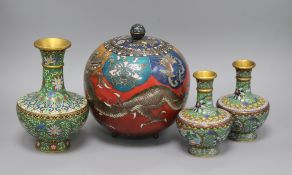 A cloisonne bowl and cover, a baluster vase and a pair of smaller baluster vases, the bowl of