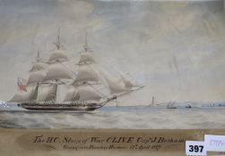 W. J. Huggins, watercolour, The H. C. sloop of War Clive Captain Betham Going into Bombay Harbour