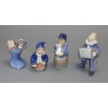 Four Royal Copenhagen models of children playing musical instruments, numbers 3677 (2), 148 and 3689