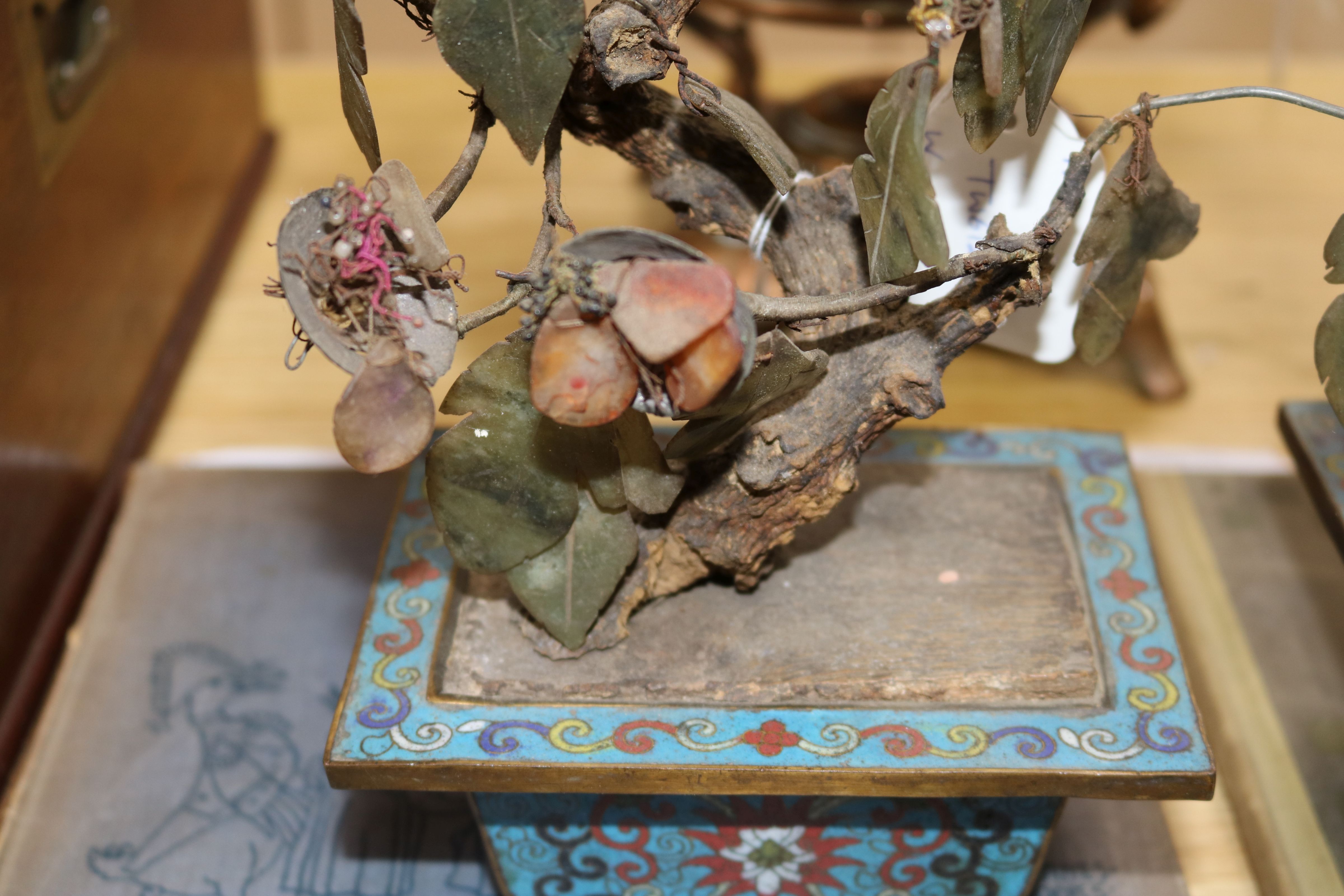 A pair of Chinese jade and hardstone 'bonsai' trees in cloisonne jardinieres (a.f.), H 33cm approx - Image 4 of 9