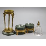 A pair of ormolu-mounted granite salts and a similar centrepiece with sphinx terminals and cut glass