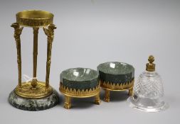 A pair of ormolu-mounted granite salts and a similar centrepiece with sphinx terminals and cut glass