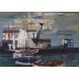 J. Leonard, oil on canvas, fishing boats in harbour, signed and dated '63, 64 x 91cm