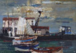 J. Leonard, oil on canvas, fishing boats in harbour, signed and dated '63, 64 x 91cm