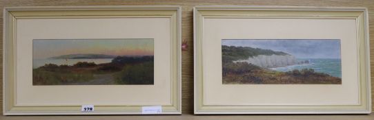 English School, pair of oils on card, The Needles and an estuary view, initialled JRB 12 x 31cm