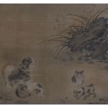 A 19th century Japanese painting on silk of a dog with puppies, 25 x 25cm