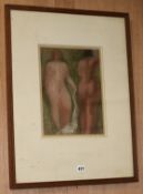 John Farleigh (1900-1965), 'The Meeting', signed and inscribed, label attached verso, pastel, 32.5 x