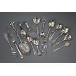 Assorted silver and plated flatware including caddy spoon and a Dutch white metal spoon.