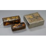 An early 19th century tortoiseshell snuff box, a similar dice box and, silver plated cigarette box