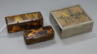 An early 19th century tortoiseshell snuff box, a similar dice box and, silver plated cigarette box