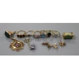 Six assorted 9ct gold and gem set rings, a 9ct gold gem set pendant and other jewellery.
