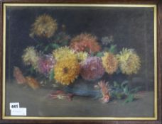 English School, pastel, still life of chrysanthemums in a bowl, 36 x 48cm, together with a folio