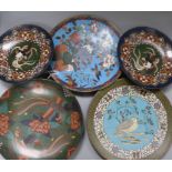 A Japanese cloisonne charger, decorated with a quail and prunus and four other cloisonne dishes,