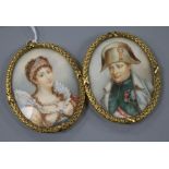 A pair of early 20th century oil on ivory miniatures of Napoleon and Josephine, 8.5 x 7cm