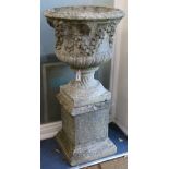 Pair of garden urns on pedestal bases W. approx. 60cm