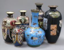 A Japanese large ovoid cloisonne black ground vase and four other vases, the black ground vase