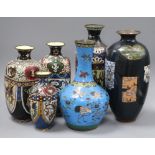 A Japanese large ovoid cloisonne black ground vase and four other vases, the black ground vase