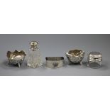 A pair of Victorian silver salts, two toilet jars and a silver & cabochon set Arts & Crafts napkin