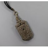A 1930's Art Deco French white metal and marcasite mounted lorgnettes/pendant, with fabric necklace,